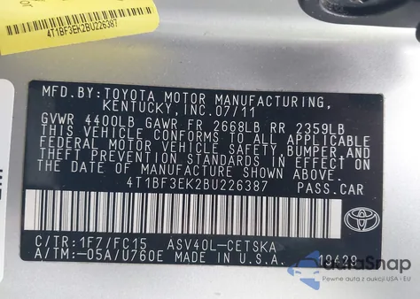 2011 Toyota Camry Se z USA, uszkodzony, nr VIN 4T1BF3EK2BU226387